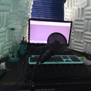 Kathrin Fricke Instagram - Hier mal ein Behind The Scenes Bild, kurz vorm Audio aufnehmen in meinem *hüstel* Aufnahmestudio. (eigentlich nur mein Schreibtisch, den ich mit Schaumstoffmatten vollgestellt habe)
Man beachte den Staub an den Jalousien und den abgeschrabbelten Lack am Tisch vom Mikro hin und her schieben. #ProfiEquipment