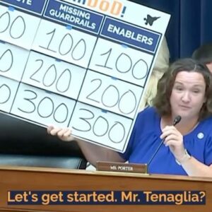 Katie Porter Instagram - Each year, lawmakers and defense lobbyists play the same game, pouring hundreds of billions into the Pentagon without scrutinizing every dollar—and it’s taxpayers who lose.

Today, I invited witnesses to play JeoparDoD, to win oversight for the American people.