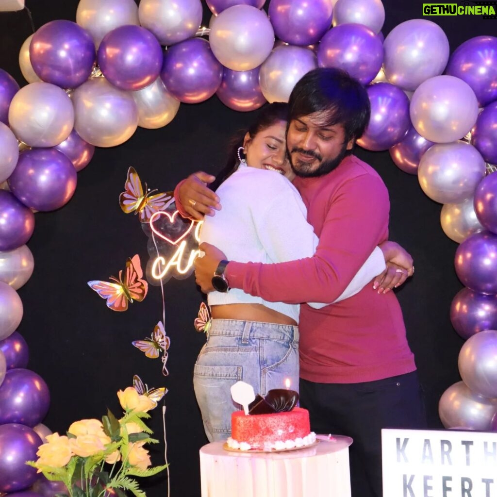 Keerthi Bhat Instagram - I Never thought anyone would ever makes me smile . laugh,and capture my heart as fast as u have.,💗 Thank you @its_vijay_karthek mamma for this( 100 days anniversary of engagement) beautiful suprise......i know ur not well but still u ...🥲. thank you so much and ofcourse I love u💗 U made my day special.Im so glad to have u💞 Thank you for coming my life🥰 Location:@bingetown_in #couplegoals #keeka #100daysengaged💍 #happyanniversary❤️ loveumamma💞