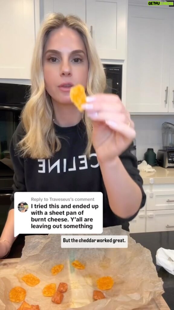 Kelly Kruger Instagram - 7 MILLION VIEWS and counting!!! A lot of people triggered by this easy alternative. I’m not sure if it was because I referred to added inflammatory oils and chemicals added to processed food as “added crap” or if in general, a lot of people are just looking for something or someone to vent to but here is the step by step! I also said one ingredient when I added salt so sorry about that.. It is in fact 2 ingredients!! A lot of people were very upset by that…. To everyone who appreciated this hack, Im happy to help! To those who hated it, eat what makes u happy! No judgement here.i share a lot of great, easy, gluten free recipes and beauty tips and this one is just not your thing and that’s ok!!❤️ Cut your sliced cheese into squares Make a hole in the center Sprinkle with salt Bake at 275 for a MINIMUM of 25 minutes. If it looks melty it needs longer. It might take up to 40 min depending on the oven. Let me know if u have questions and if you are trying it! #cheese #snack #glutenfree #keto