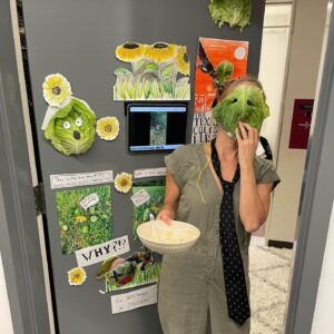 Kerry Butler Instagram - Some people dress sexy on #Halloween…  We had our door contest at work.  I was hoping to get something nice like It’s the great pumpkin Charlie Brown!! Much to my dismay I got…  TEXAS CHAINSAW MASSACRE!  So I made my door interactive conplete with a short film and a story about how i was pleatherface- wearing the real skin of cabbage- for Texas Coleslaw Massacre- also served coleslaw!  I will post the movie next.  Also- no excuses - but Getting sick really cut into my time to prepare.  I really wanted my door to be covered in my watercolor flowers.  Thanks to family and friends for your help turning #texaschainsawmassacre into #texascoleslawmassacre #i’mavegan
