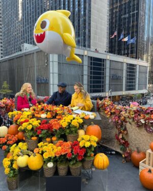 Kerry Butler Instagram - Happy Thanksgiving from me and baby shark!  I’ve performed on the Macy’s parade many times- and it is always SO MUCH fun!  But getting interviewed by @keltie and @kevinfrazier on @cbstv in some ways was even better! #Incredibleviews #Didn’thavetoleaveuntil8:15 #heatlamps #hotapplecider Thanks for having me!  @beetlejuicebway #macysparade