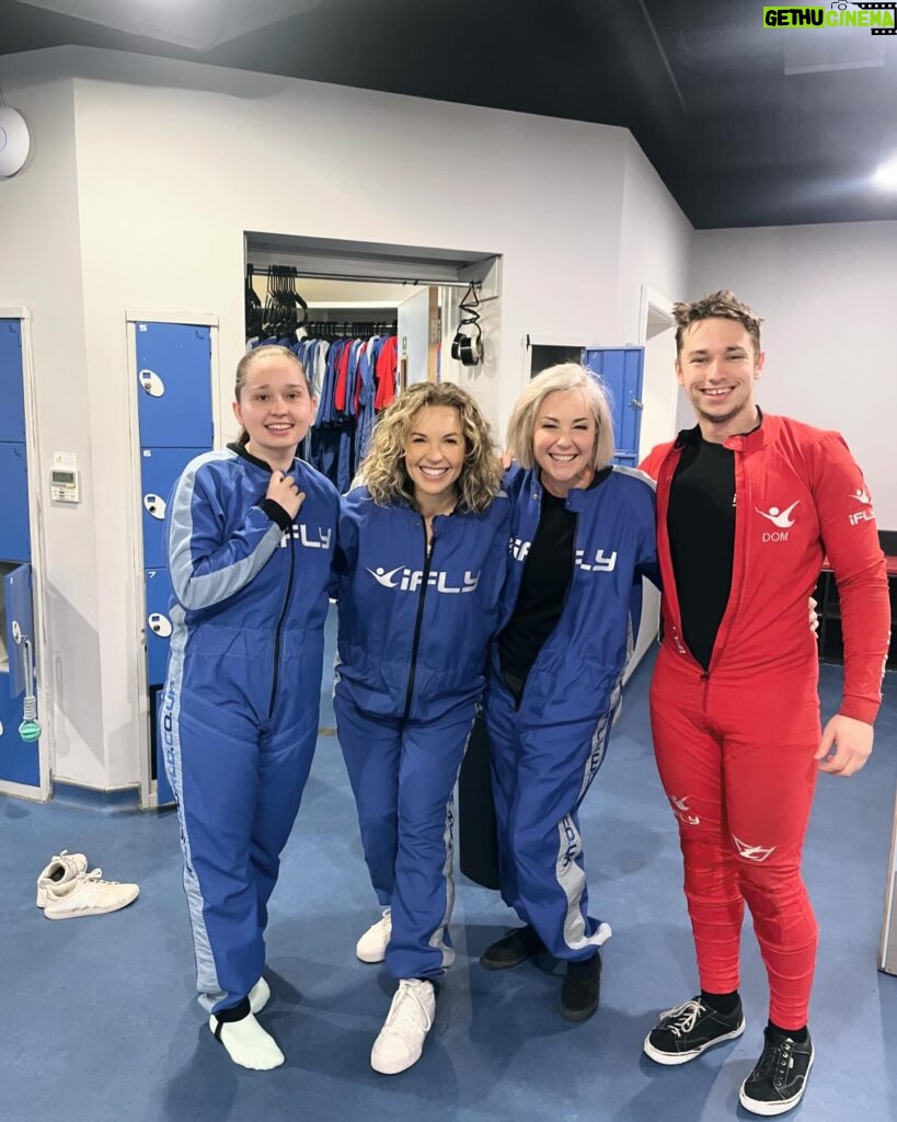 Kim Rhodes Instagram - WE ARE SURVIVING BAD IDEAS! As in, we are surviving the ideas. Not we ARE bad ideas continuing to survive. Although… ANYWAY! Thank you to Dom, our charming and capable instructor at @ifly.basingstoke and, I believe, her name was Georgia, our brave and dear companion. ONWARD!