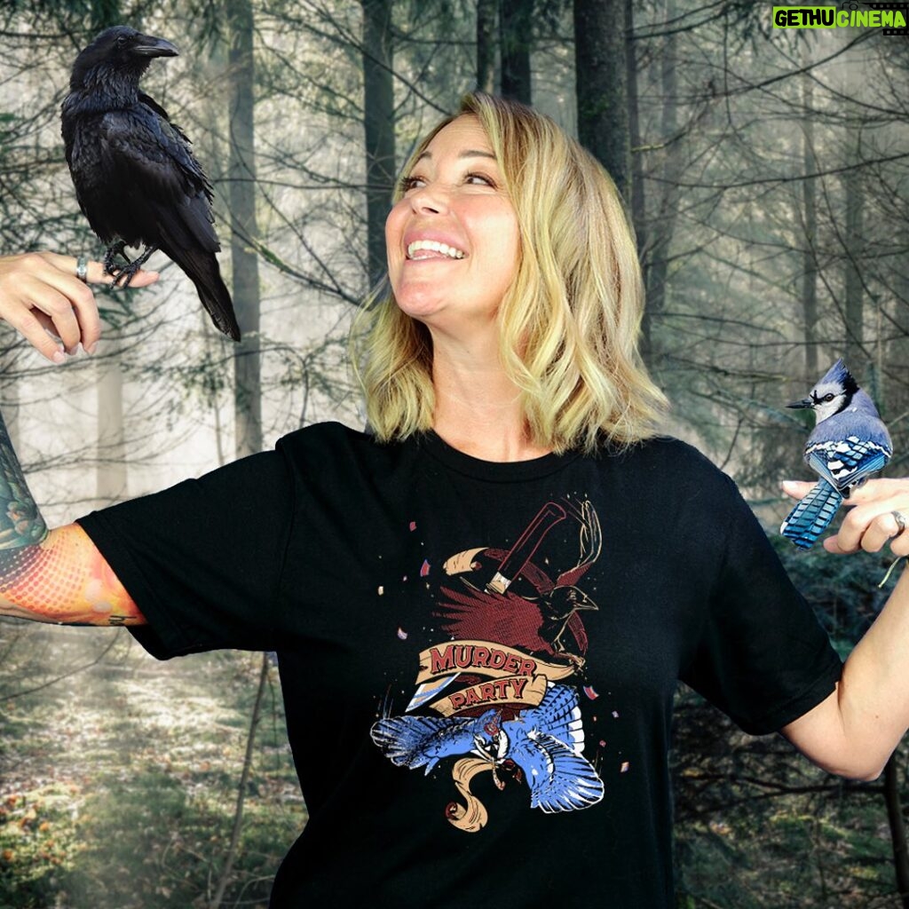 Kim Rhodes Instagram - Are you brushed up on your corvid humor? Do you share my response to the SAG-AFTRA strike? Then we all need a Murder Party! Every purchase benefits the SAG-AFTRA foundation relief fund. Link for shirt in bio, but BYO stabby stuff and party hats. @shopstands