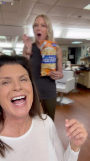 Kimberlin Brown Instagram - @katherinekellylang has an addiction!! #barbarascheesepuffs fun in the @boldandbeautifulcbs #hair room!! #laugh #laughs #friends @kimberlin_brown @itsalexisreyes