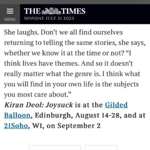 Kiran Deol Instagram - 📰 My Mum knows this paper! In anticipation of @edfringe 14-28 August. Thank you @timesculture   @thetimesscotland 🌊🍷 

🎟️ in bio   @gildedballoon 
📸 @fscottschafer 
📸 @birds_eye_photo