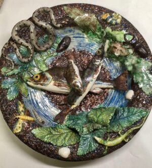 Kirsten Ramsay Instagram - Sunday lunch? …. 
A recently restored dish in the distinctive style of Palissy ware. 

A 19th century term for ceramics produced in the style of the famous French potter Bernard Palissy 1510 - 1590 and much imitated in his own lifetime and especially in the 19th Century.

This distinctive style is often characterised by three dimensional modelled snakes, fish, lizards, snails and aquatic life and can be a fun challenge to work on.

These pieces frequently need conservation as there are so many areas that stand proud, catching and breaking and due to the textured surfaces often have a build up of dirt, soot, nicotine and grease as they are often wall mounted.

@maimaridou 

#ceramics #ceramic #conservatorsofinstagram 
#conservation #restoration #china #glazedceramic #palissy #palissyware #ceramicrestoration #ceramicconservation