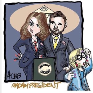 Kirstie Alley Instagram - Loving these sketches & support by @thatleewilliams @bbuk House President @kirstiealley & her lovely VP @ryanthomas84 with @sallymorgantv #bbuk #cbbuk #bigbrother #celebritybigbrother #president #vicepresident #kirstie #kirstiealley #eyeofthestorm #teamkirstie #teamkirstiealley