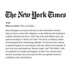 Kitty Flanagan Instagram - Doo doo doooooo! I’m shamelessly tooting my own trumpet everybody. Fisk has cracked the top ten on Netflix in the USA. And we also got a sweet sweeeeet review from the New York Times - swipe to see what they said about our little Aussie show. I need to lie down. The excitement has exhausted me (or maybe it was the champagne 🥂🍾)