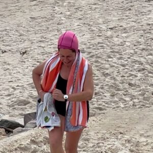 Kitty Flanagan Instagram - Testing the waters in Adelaide at Henley Beach. Turns out you can swim anywhere as long as you’re prepared to look like a tit! #winterwarriers @brightonbathshealthclub