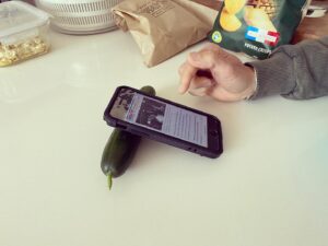 Kitty Flanagan Instagram - Busted by my sister using a rather unique phone stand while having my lunch. Launching November - keep your eyes out for product drop. 60 cents at a green grocer near you. #cuke3000