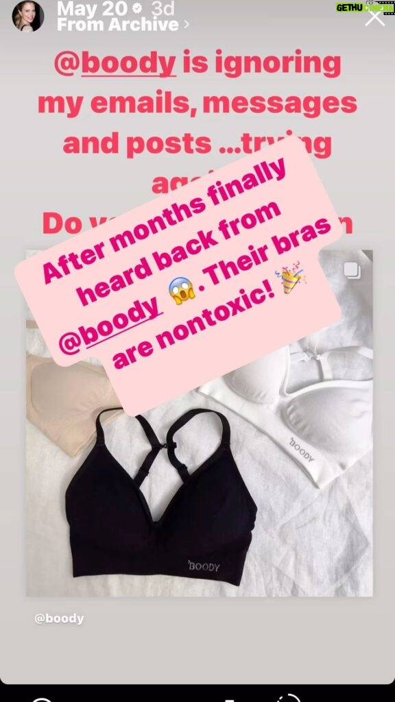 Kristin Bauer Instagram - Not sure why they make it so hard to get this info but just FINALLY reached them and fyi @boody bras are #nontoxic #pfasfree and @oeko_tex certified - if you are looking for a nontoxic bra!!!
