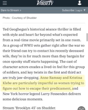 Kristina Klebe Instagram - 🌟 Honored and thrilled to share some incredible news with all of you! 🎉 Brooklyn 45, directed by the awesome @tedgeoghegan has been selected as one of Variety's top horror movies of 2023 so far (sandwiched as #5 between Scream VI and Evil Dead Rise!🙀) 🎥✨ It's an absolute dream come true to be a part of such an amazing project.  I'm truly honored and grateful for Variety’s particular recognition of my performance. "Anne Ramsey and Kristina Klebe are particularly impactful as women trying to figure out how to escape their predicament," Variety says. Thank you to the incredible cast, crew, and all of you for your support. Stay tuned for more exciting updates! 🎥✨ Watch it on @shudder or @amc  today! #Brooklyn45 #VarietyTopMovies #Grateful #Honored #horror #horrormovies #shudder #horrorfans