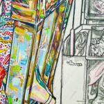 Kristy Cha Ray Chu Instagram – 此時此刻

正在進行的畫作，桌上的顏料、等待上場的畫筆、不同作品的局部、工作室的一角

#我今天是藍綠色