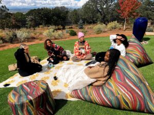 Kylie Bunbury Instagram - Sisters in circle. Honoring the seasons that live within us & outside of us. 
Recognizing each other’s sacred feminine essence. 
Walking away with a deeper remembrance that we hold the medicine within us. 
Celebrating life & holding each other is important. 
And dancing to Like Glue by Sean Paul will forever be necessary. 💚🍂