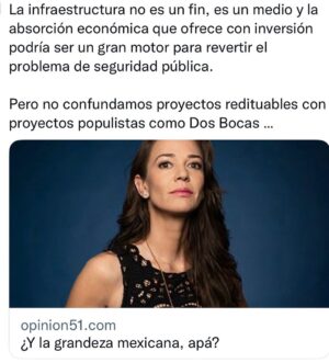 Laisha Wilkins Instagram - Pero no confundamos grandes proyectos redituables con grandes proyectos populistas como Dos Bocas en donde la refinación con el costo de producción de la refinería no va a ser rentable. El plan original de AMLO fue invertir 8,000 MDD en cuatro años, la proyección hoy es que invertirán 19,000 MDD y empezarán a refinar en el 2025… esos barriles serán más caros que cualquier barril de importación.
Comprar VALERO (mayor refinador de Estados Unidos) en la Bolsa de Valores de NY hubiese costado alrededor de 10,000 MD. @opinion_51 https://www.opinion51.com/p/laisha-wilkins-y-la-grandeza-mexicana