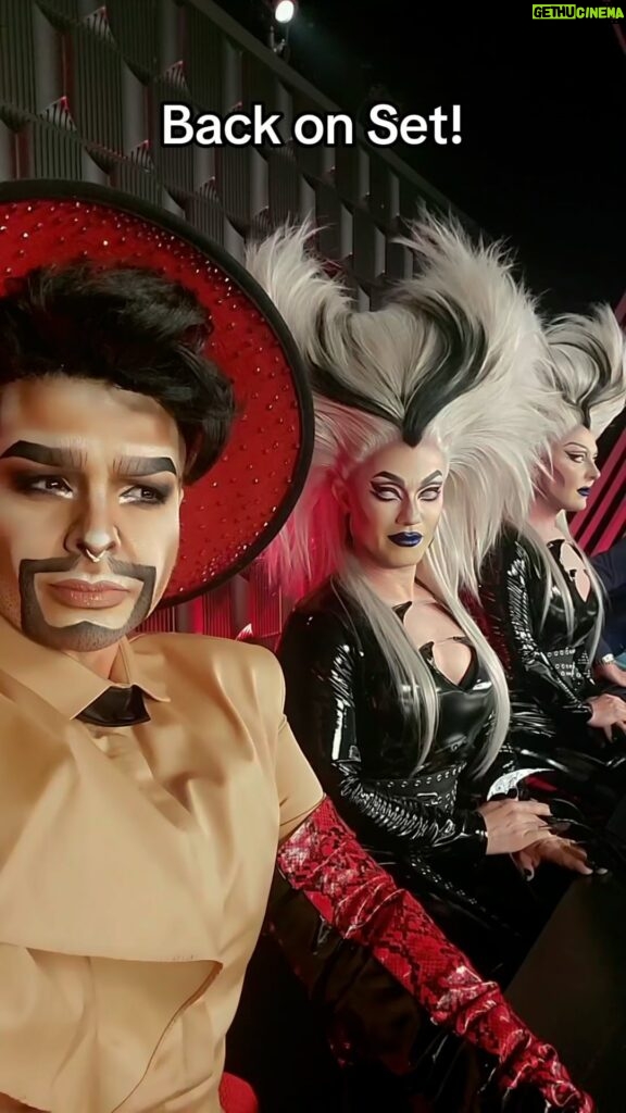 Landon Cider Instagram - Always a bloody good time being on set with my Lesbian Moms. But why is @matthewlillard leaning out of the frame like that? 😂Stream @bouletbrothersdragula on @shudder now! . . #dragking #dragula #dragqueen #bouletbrothers #bouletbrothersdragula #makeup #shirteveryonehates #mua #wig