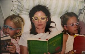 Laura Leighton Instagram - Once upon a time, there were two sweet little girls who liked to make cool glasses and we would all read together in one little bed. ❤️❤️ #niteynite  #quidditch