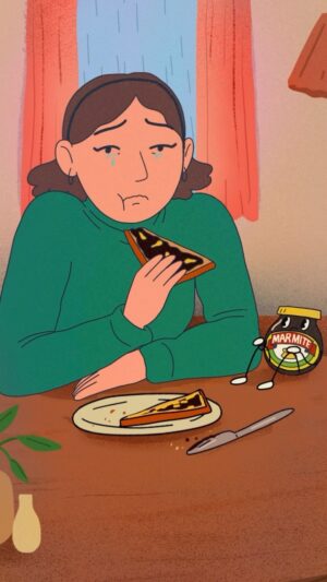 Laura White Instagram - Sometimes all you can do is cry and eat toast 🍞 (p.s cheese and marmite is elite fight me)
.
.
#animation #loop #britishcore #framebyframe #procreate #marmite #toast #illustration #artwork #thenicegalleryfood