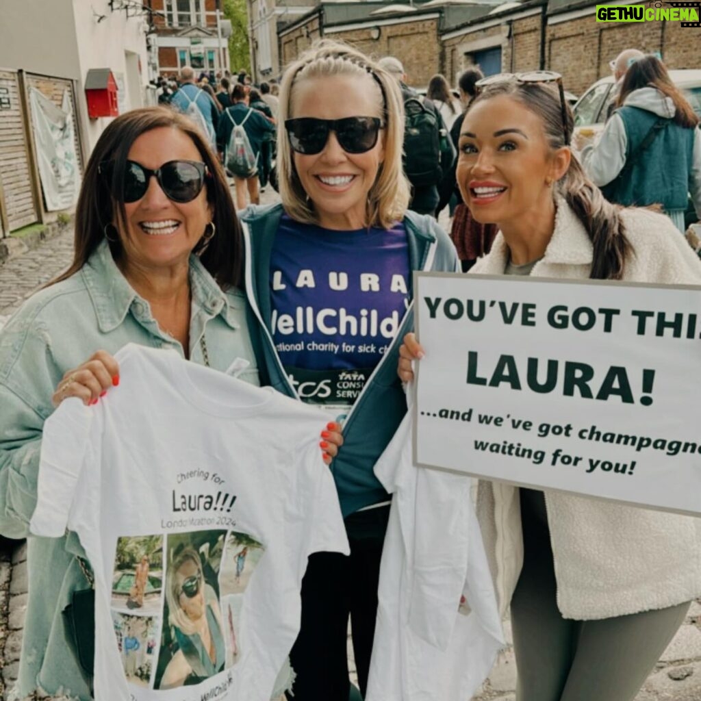 Laura Hamilton Instagram - I honestly can’t believe that today I ran the @londonmarathon. For someone who has never enjoyed long distance running this was a massive undertaking for me. . . . Back in September @wellchild asked me if I would run for them. I have been an ambassador for this amazing charity for over 14 years so I decided to take on the challenge and fundraise for them. . . . So many people have asked me throughout my training ‘what time are you going for?’… it was never about that for me. This was about completing a challenge and helping the charity. . . . I was running at a really good pace until mile 18 when I needed to stop for a wee. I then hit the wall at mile 20. The support from the crowd was like nothing I’d experienced before. People shouting my name and cheering me on most definitely helped me power on through. I managed a FaceTime call with Rocco and Tahlia and when they both told me how proud they were I struggled to hold back the tears. I also thought a lot about @jonnieirwintv and running in his honour. . . . If you ran the marathon today WELL DONE. You should be unbelievably proud of what you have achieved irrelevant of your finish time. I also want to say a MASSIVE thank you to all of my friends who were there supporting me today, those who were supporting at home and to those who sent messages of encouragement. . . . If I can run a marathon, YOU CAN. #londonmarathon #marathon #26.2miles #london #fundraising #wellchild #grateful #friends #family