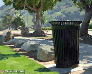 Laura Price Instagram - #pleinairpainting from this past weekend, painted on my ipad in #procreate. it was super hot outside and the only patch of grass in the shade was right beside this trash can. 🗑