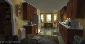 Laura Price Instagram - set design for my personal vis dev project! I wanted to prove to myself that I could design for ANY story, so I chose: #Twilight. I re-read the books for the first time since middle school, took a TON of notes, and watched the movies. Here is Charlie’s kitchen! Designed the house mostly based on the books, but I loved the idea of a breakfast nook in the movie set so added one to mine. also can confirm the Twilight soundtracks still slap