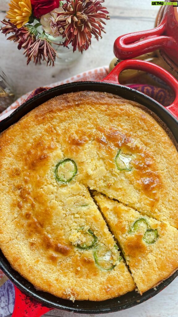 Laura Vitale Instagram - I’m no southerner (which I know make the best cornbread) but I do know good food or at least, I think I do 😝 but you’re going to have to trust me when I tell you this jalapeño cheddar cornbread is a must with your chilis (more on that tomorrow!) and stews all fall and winter long. Its darn easy too, maybe too easy? Coated in butter and a drizzle of honey while it’s still hot and sizzling so they honey and butter slowly drip into the cornbread and omgggg you’re just not at all ready!! The cornbread recipe is the same one I shared like 10 years ago (do we need an in-depth redo???) and I added cheddar and jalapeños to it and cooked it the same way. If you’re not cooking your cornbread in a hot greased cast iron than what are you doing?? Cornbread recipe on my site and linked in stories!