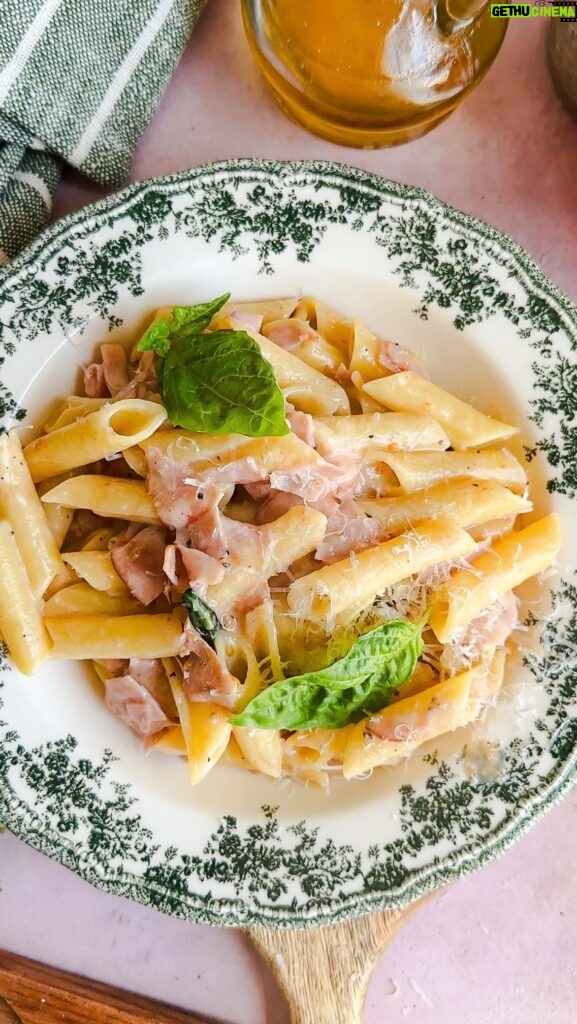 Laura Vitale Instagram - When we were little, my mom would make us pasta with béchamel or panna (like a thicker savory version of cream) prosciutto cotto (our equivalent of ham) and lots of parm on a weekly basis, truly we loved it every single time and on the days she’d throw a few cherry tomatoes and a few basil leaves it really felt special. I made it for my family and they loved it just as much (my sister loves it so much I make for lunch on days she works from home). No written recipe just go by heart. In Italy you can buy bechamel in little cartons next to the cream so if you don’t wanna make it just use like a cup of heavy cream instead. ❤️