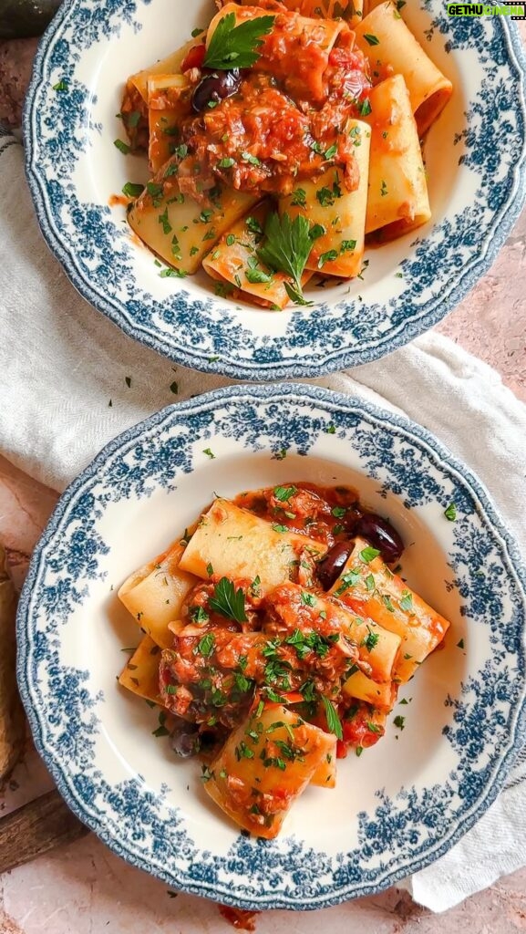 Laura Vitale Instagram - Paccheri With tuna and olives, it’s almost a fully made pantry pasta that always hits the spot! Use any pasta you’d like, I’m particularly fond of Paccheri for this because it really elevates pantry staples and kicks it up a notch. Not a real formal recipe but one I turn to often when time, grocery and patience are short. 10/10 recommend 👍