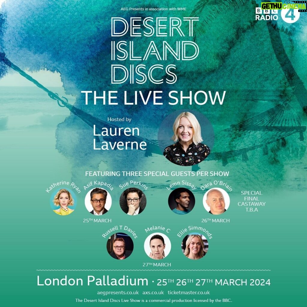 Lauren Laverne Instagram - The first ever #DesertIslandDiscs live shows are coming this month at the London Palladium! Join me and these wonderful castaways to hear about life on the island - and beyond it - paying tribute to a programme that has kept fans enthralled for over 80 years! Find the link to tickets in my bio!