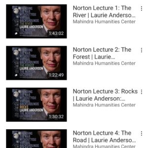 Laurie Anderson Instagram - Thank you to everyone who tuned in to watch the Norton Lecture series "Spending the War Without You" over the last 10 months. Now that it's been completed, all 6 lectures are available to watch any time on youtube. Catch up on the lectures you missed, rewatch your favorites, share these with anyone you think might enjoy them for the first time. We're happy to have these out in the world with easy access! LINK IN BIO