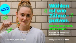 Lea van Acken Instagram - Neben dem täglichen Zähneputzen haben wir noch ne wichtige Aufgabe! Am 09.06 wählen und zwar für Demokratie und Klimaschutz💚

wenn wir es nicht machen wird‘s braun…
und das will keiner…