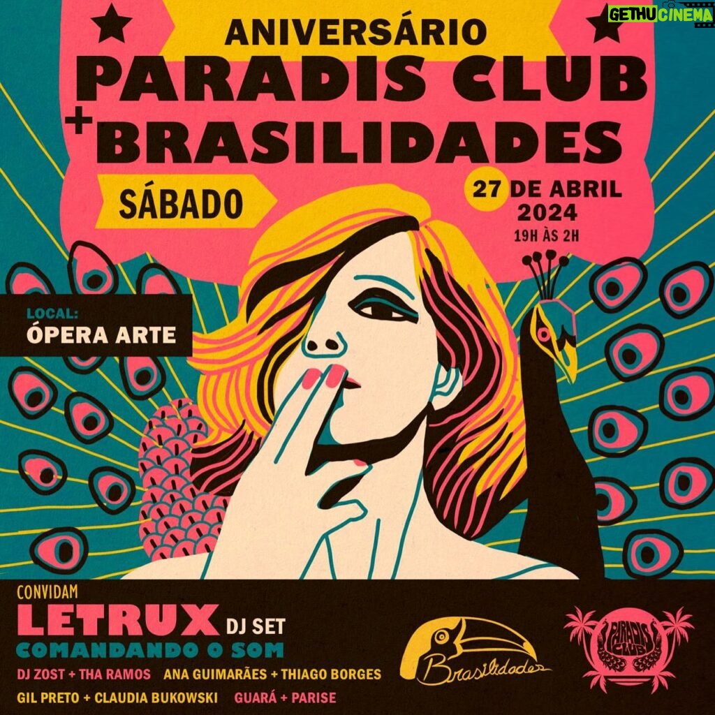 Letrux Instagram - Dia 27.04 tem festa de aniversário do Paradis Club e da Brasilidades com a presença incrível dela: Letrux! Discotecando todas as suas quentes e dançantes referências sonoras. E mais!! Djs das principais festas do Club fazendo um Back 2 Back! 🎟️ E corre que os primeiros lotes de ingressos antecipados estão voando! Para acessá-los o link está na Bio do Paradis e da Brasilidades A festa rolará no lindo e icônico espaço Ópera Arte 🎧 Line LETRUX - DJ set Gil Preto x Claudia Bukowski |Musica Brasileira| DJ Zost x Thais Ramos |R&b • Neo Soul • Hip Hop| Ana Guimarães x Thiago Borges |Reggaeton| Parise x Guará |Disco House| Uma noite pra celebrar os encontros e comemorar na energia única do nosso amado clubinho Paradis Club, ao lado de uma das grandes festas da casa: a Brasilidades! Horário: 19h00 às 2h00 🟡 Evento destinado a maiores de 18 anos. Se beber não dirija. (( 🦚 🦜 ))