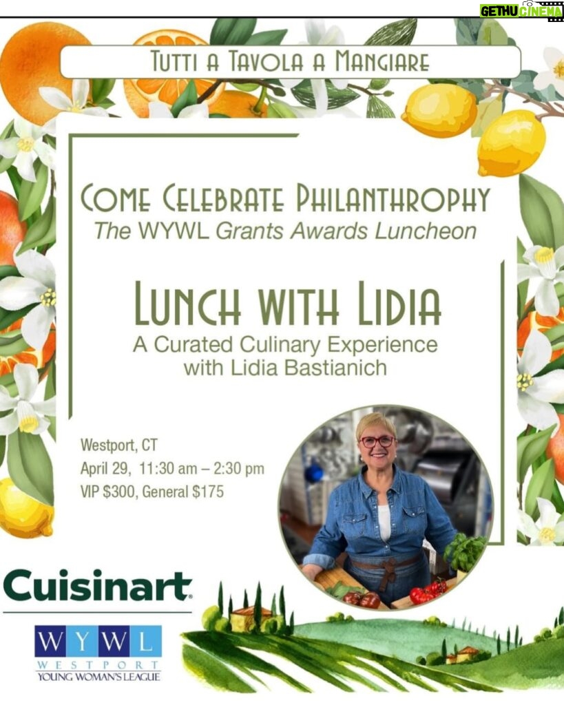 Lidia Bastianich Instagram - Join me at Branson Hall in Westport, CT on April 29 for my curated lunch benefitting the Grants Program of The Westport Young Woman's League. VIP and General Admission Tickets: link in my bio and also at: bit.ly/WYWLLidiaBastianich @wywlwestport #WheresLidia #LidiasItaly #LidiasKitchen #LidiaBastianich