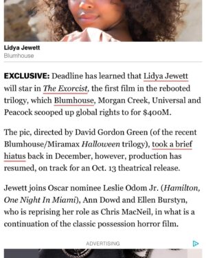 Lidya Jewett Instagram - so so so so SOOOO excited to finally announce my part in this amazing sequel to the iconic classic film. I cannot wait for you all to see this phenomenal project made with phenomenal people. #blumhouse #morgancreek #roughhousepictures #universal #theexorcist2023 #theexorcist1973