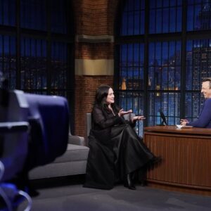 Lily Gladstone Instagram - Tune into tonight for an episode of “Seth Meyers and I both talk with our hands a lot.” OR “The Late Night game of invisible Hot Potato!” 

Had an amazing time visiting with @latenightseth and can’t thank him enough for having me!

📸Lloyd Bishop/NBC
👗 Gabriela Hearst @gabrielahearst 
Earrings and rings: @jenniferyoungerdesigns 
@ataumbimetals
M/u: @nickbarose 
Hair: @marcmena