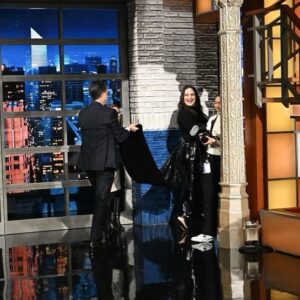 Lily Gladstone Instagram - ✨Dream came true tonight!✨
The Ed Sullivan Theater. Standing exactly where the Beatles first played in America. STEPHEN COLBERT 🤟🏼😝🤟🏼 
So grateful to be on Late Night!!!
❤️Happy Valentines Day, everyone!!! ❤️
📸@skpnyc
💄 @cygmakeup 
💇🏻‍♀️ @lacyredway 
💃🏻✨Skirt and sweater by Emilia Wickstead @emiliawickstead 
💎Earrings by @weomepe 
👑Styled by @jasonrembert 
With @ww.ilt ✨

@ColbertLateShow 
@StephenAtHome  #Colbert