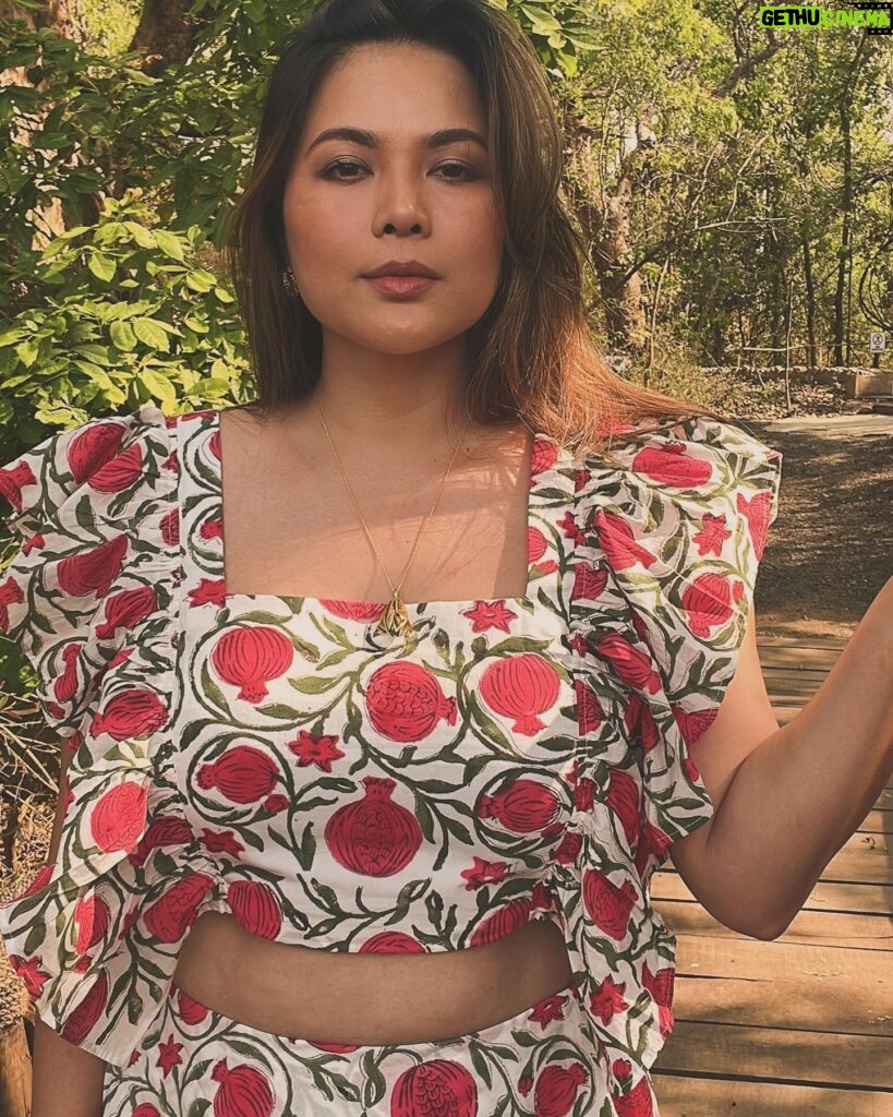 Lin Laishram Instagram - “And the pomegranates split and cracked with the heat, and showed the bleeding red hearts.” - Oscar Wilde Pomegranate dress by @truffle_india @tajsafaris Jewelry @shamooosana