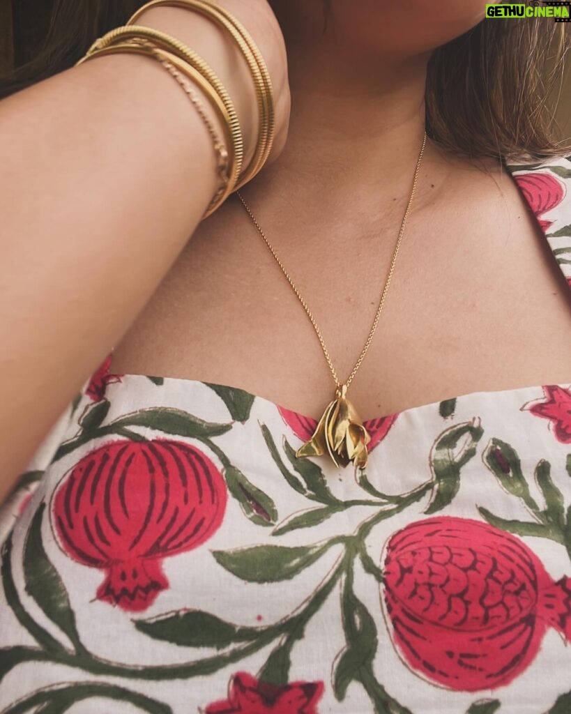 Lin Laishram Instagram - “And the pomegranates split and cracked with the heat, and showed the bleeding red hearts.” - Oscar Wilde Pomegranate dress by @truffle_india @tajsafaris Jewelry @shamooosana