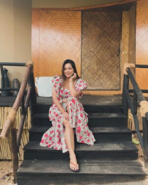 Lin Laishram Instagram - “And the pomegranates split and cracked with the heat, and showed the bleeding red hearts.”
- Oscar Wilde
Pomegranate dress by @truffle_india 
@tajsafaris
Jewelry @shamooosana