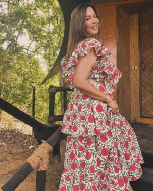 Lin Laishram Instagram - “And the pomegranates split and cracked with the heat, and showed the bleeding red hearts.”
- Oscar Wilde
Pomegranate dress by @truffle_india 
@tajsafaris
Jewelry @shamooosana
