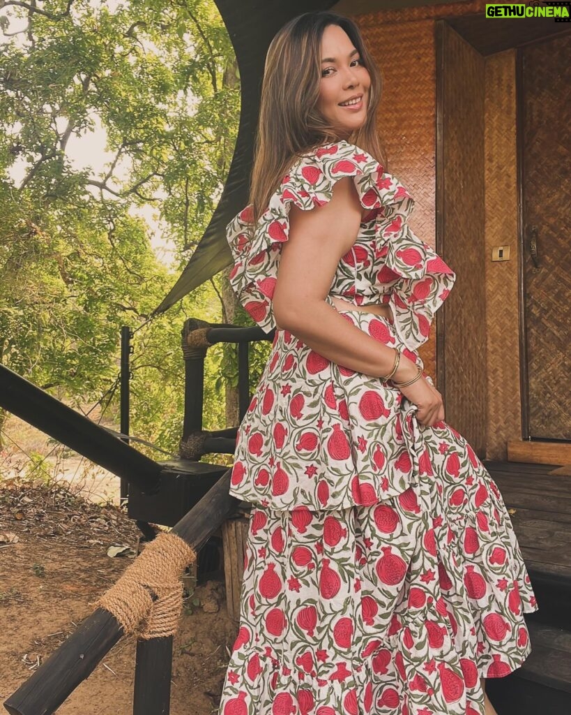 Lin Laishram Instagram - “And the pomegranates split and cracked with the heat, and showed the bleeding red hearts.” - Oscar Wilde Pomegranate dress by @truffle_india @tajsafaris Jewelry @shamooosana