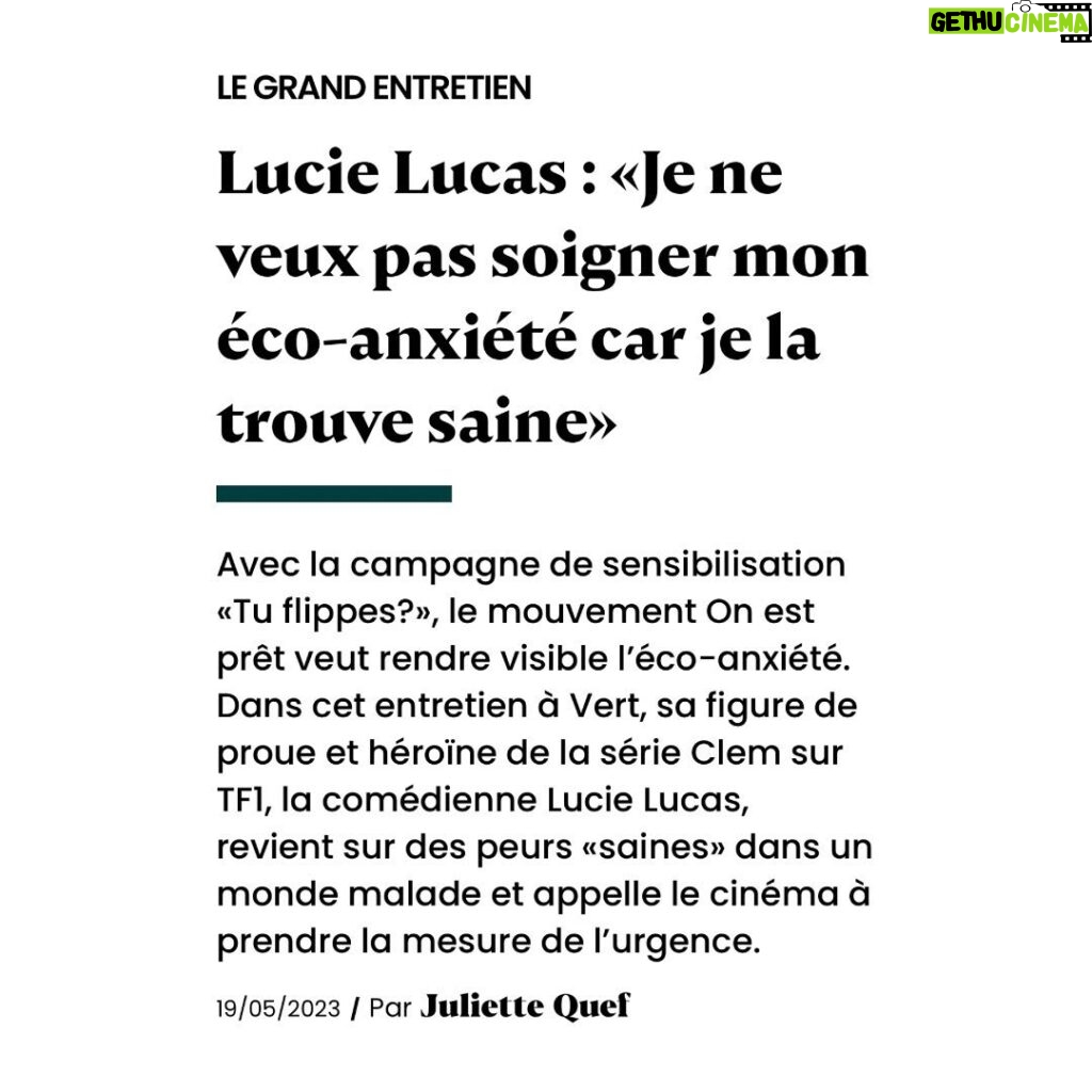 Lucie Lucas Instagram - Merci à Juliette Quef et @vert_le_media pour cette chouette interview qui parle d'éco anxiété, d'amour et de solidarité... dans le cadre de la campagne #TuFlippes de @onestpret 🙏💚