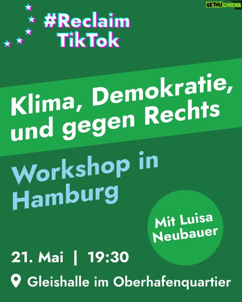 Luisa Neubauer Instagram - Wir wollen TikTok nicht den Rechten überlassen 👀 Deswegen gibt es die Kampagne #ReclaimTikTok, mit der wir uns die Plattform zurückholen✊ Warum ist die EU relevant für Klimaschutz? Was ist die Rolle der Klimabewegung vor der EU-Wahl? Was kann ich machen, um was zu bewegen? Am Dienstag (21.05.) findet um 19:30 in der Gleishalle im Oberhafenquartier eine Veranstaltung zu Klima und Demokratie statt. Wir fangen an mit einem Input von Luisa Neubauer, danach kommt ein Workshop, bei dem ihr lernen könnt, was ihr über TikTok und Videos wissen solltet📱 Meldet euch gerne an: fridaysforfuture.hamburg/reclaimtiktok-anmeldung/ Also sei dabei und lets #ReclaimTikTok 📣