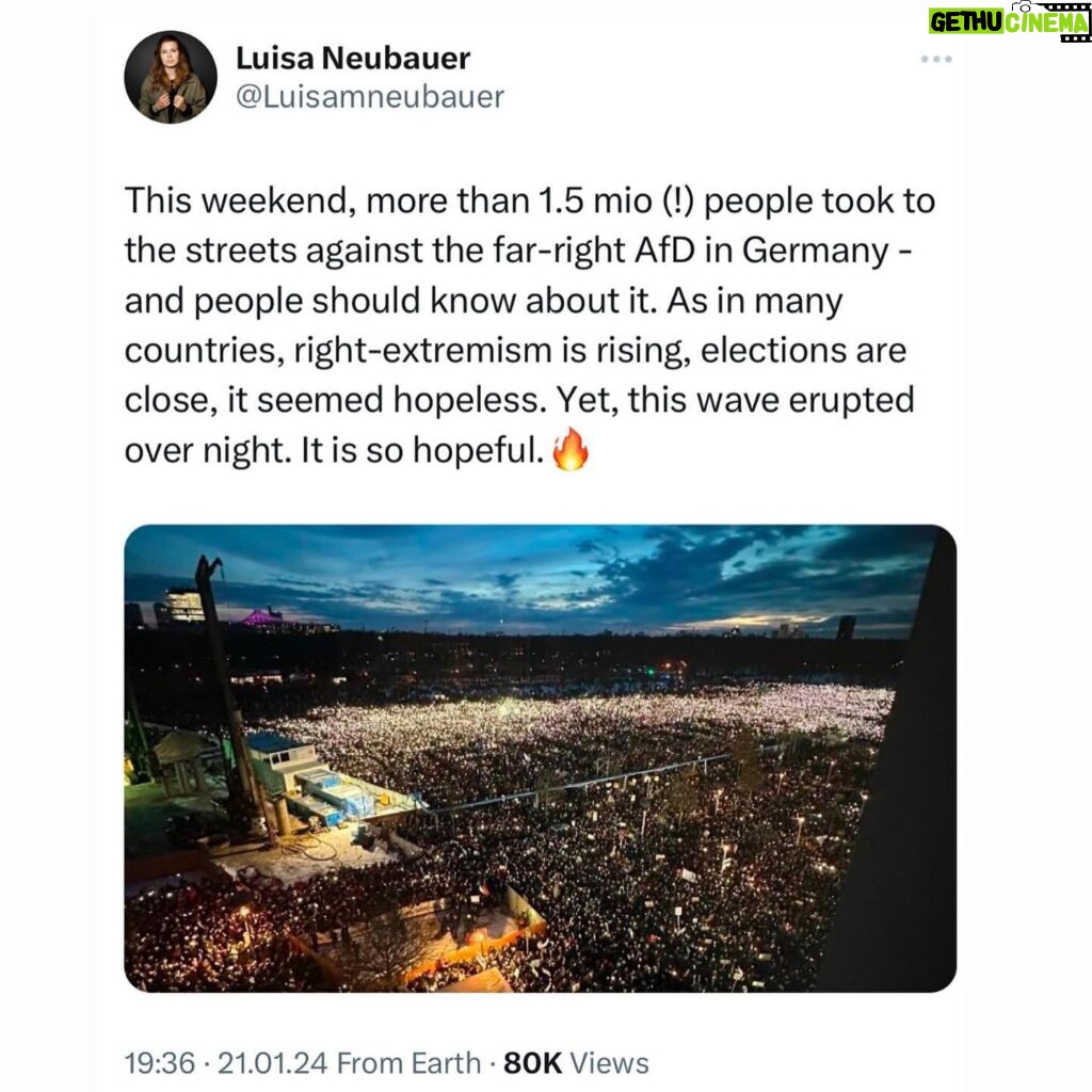 Luisa Neubauer Instagram - People should know about this. We will not let the right extremists, the fascists, the racist and misogynistic take over our democracy. This year, 50% of the world population will be asked to vote. And right wing forces are rising almost everywhere. And it’s no coincidence that it’s the fascists who - once in power - take away the rights of women, of nature, of migrants and queers. It’s all connected. So we stand up. And we will need you to join us. ♥️
