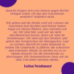 Luisa Neubauer Instagram - Aber bringt das überhaupt etwas, jetzt gegen rechts zu demonstrieren? 👉 Den Faschismus bekommen wir damit nicht umgekehrt- aber trotzdem leisten wir einen wichtigen Beitrag. Denn: Wir verlassen damit die Gleichgültigkeit, wir werden sichtbar, und wir zeichnen genau die Bilder, vor denen Rechte Angst haben! 💥 Schon über 40 Aktionen stehen fürs Wochenende und es werden immer mehr! Informier dich auf der Website zusammengegenrechts.org über Demos und Proteste in deiner Nähe!