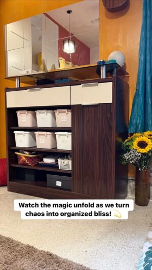 Madhuri Braganza Instagram - Here’s how we transformed this chaos into bliss: The Ultimate Shelf Makeover! 💅💕

This poor shelf was working overtime - filled with shoes, medicines, jewelry, stationary, wires, and makeup. 

@madhuri.official and I embarked on a transformation journey 🙈🌿

With some new baskets and some upcycled boxes!

Step 1: Declutter and let go of old and broken items. 

Step 2: Categorize everything neatly. 

Step 3: Organize items into labeled boxes. 

 The result? No visual clutter, just sheer beauty. 💯🤌🏽

My client’s life is easier, everything is in its place, and she’s freed herself from unnecessary baggage. 

#GetSortedWithNaila #ShelfMakeover #OrganizedLiving #DeclutteringJourney #HomeOrganization #HomeOrganizer #TrendingReel #DiscoverPage #RoomOrganization #Home #HomeDecor #CleanHome #OrganizedHome #Bangalore #Declutter #OrganizedLife #HomeStorage #TidyHome #ClutterFree #KonMari #MarieKondoInspired #HomeSweetHome #GetOrganized #MinimalistLiving #HomeMakeover