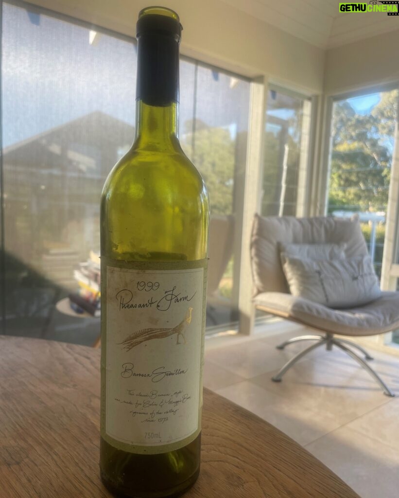 Maggie Beer Instagram - "Colin brought up from the home cellar a lone bottle of Semillon 1999 found hidden in the corner. Can you believe it was still beautiful, drinking the rich, golden hues of an old wine and peach aromatics, still alive in the glass. Given that this vintage is our 50th year as grape growers and from our small wine label, it was a lovely memory of earlier times. We’re half tempted to go back to that simpler label design by our friend, Rod Schubert, a local artist of note. All in all a beautiful trip down memory lane; the painting of grapes by Robert Hannaford on the veranda just seemed to top it all off." - Maggie Beer