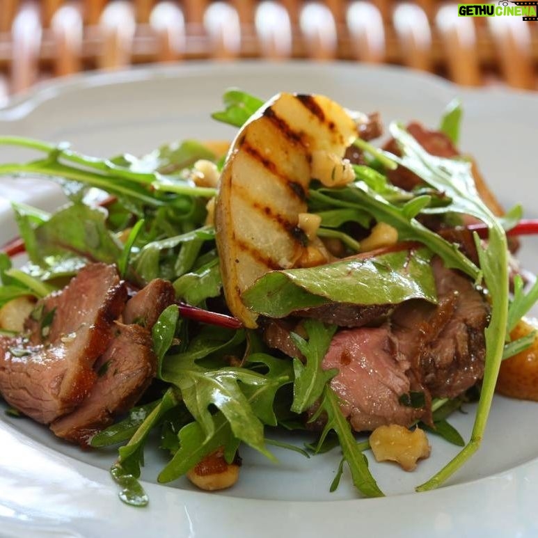 Maggie Beer Instagram - A moreish salad ideal for a lunch among friends, serve this Duck Salad with Grilled Pear, Rocket and Red Wine Vinaigrette with a glass of robust Barossa Valley red wine. View the recipe via the link in our bio and tag a friend who you'd love to share this dish with! #makeitamaggiemoment #lunchrecipes