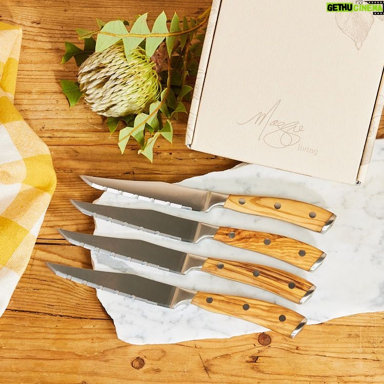 Maggie Beer Instagram - || New to Maggie Living Homewares || Pair your succulent & perfectly seared steak with these stylish Maggie Living Olive Wood Steak Knives. Made with premium German blades and sustainably sourced olive wood, these Steak Knives make a beautiful wedding or housewarming gift or a personal treat to beautify your dining table. Shop our new Maggie Living Steak Knives via the link in our bio. #makeitamaggiemoment #homewares